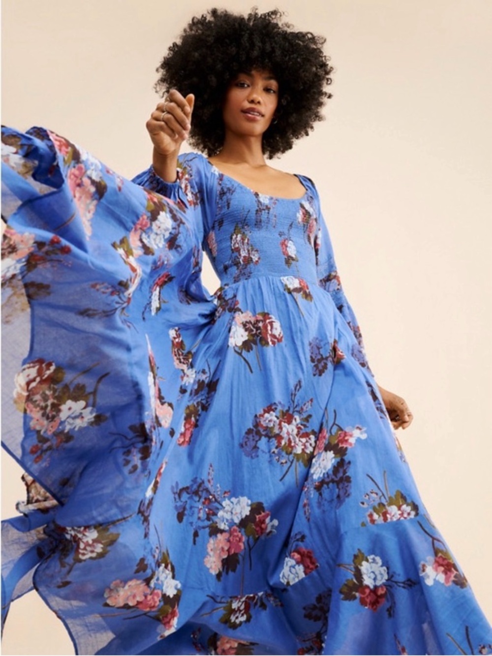 Free People Blue Morning Glory Long Sleeve Floral Maxi Dress